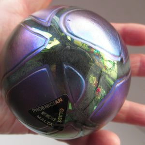 Iridescent 1990 Maltese Phoenician Glass Paperweight with Peacock Lustres