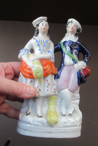 ANTIQUE Victorian Staffordshire Flatback Figurine. Miniature Example of a Man and Woman Gathering Wheat