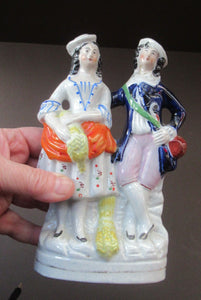 ANTIQUE Victorian Staffordshire Flatback Figurine. Miniature Example of a Man and Woman Gathering Wheat