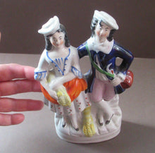 Load image into Gallery viewer, ANTIQUE Victorian Staffordshire Flatback Figurine. Miniature Example of a Man and Woman Gathering Wheat

