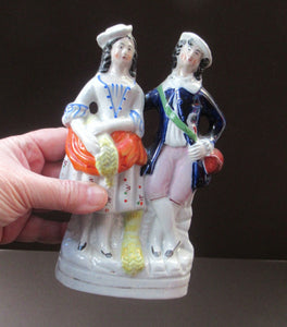 ANTIQUE Victorian Staffordshire Flatback Figurine. Miniature Example of a Man and Woman Gathering Wheat