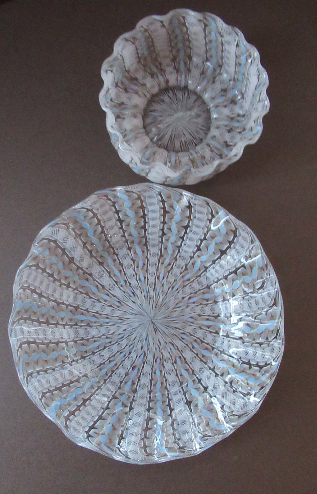 Vintage Venetian / Salviati Murano Glass Latticino Zanfirico Glass Finger Bowl & Saucer; Gold Inclusions. Both with Frilled Edges