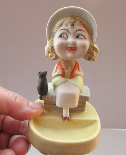 Antique Porcelain Nodder or Swinger Pin Tray by Schafer & Vater. Girl in Bonnet with Black Cat 