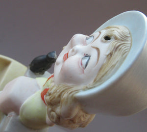 Antique Porcelain Nodder or Swinger Pin Tray by Schafer & Vater. Girl in Bonnet with Black Cat 