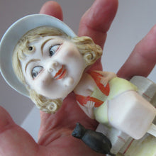 Load image into Gallery viewer, Antique Porcelain Nodder or Swinger Pin Tray by Schafer &amp; Vater. Girl in Bonnet with Black Cat 
