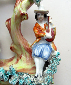 Antique Miniature Staffordshire Figure. Couple Making Music. Swan in River
