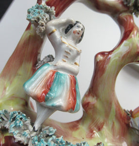 Antique Miniature Staffordshire Figure. Couple Making Music. Swan in River