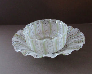 Vintage Venetian / Salviati Murano Glass Latticino Zanfirico Glass Finger Bowl & Saucer; Gold Inclusions. Both with Frilled Edges
