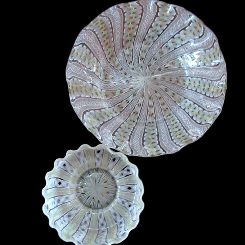 Vintage Venetian / Salviati Murano Glass Latticino Zanfirico Glass Finger Bowl & Saucer; Gold Inclusions. Both with Frilled Edges