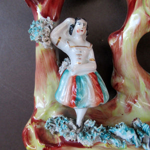 Antique Miniature Staffordshire Figure. Couple Making Music. Swan in River