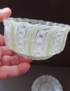 Vintage Venetian / Salviati Murano Glass Latticino Zanfirico Glass Finger Bowl & Saucer; Gold Inclusions. Both with Frilled Edges