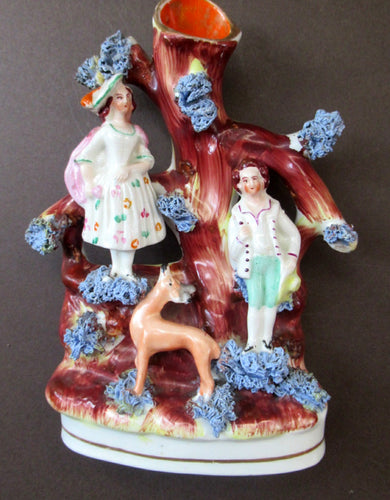 Miniature 1850s Staffords;hire Spill Vase with Two Figures and a Deer