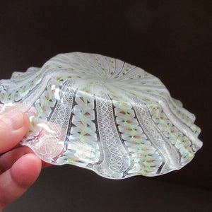 Vintage Venetian / Salviati Murano Glass Latticino Zanfirico Glass Finger Bowl & Saucer; Gold Inclusions. Both with Frilled Edges