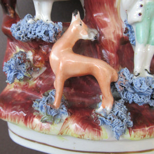 Miniature 1850s Staffords;hire Spill Vase with Two Figures and a Deer