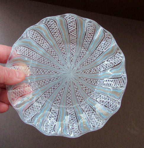 Venetian / Salviati Murano Glass Latticino Zanfirico Glass Plate; Gold Inclusions and Frilled Edge