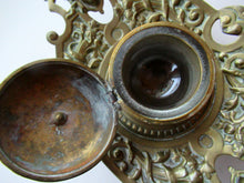 Load image into Gallery viewer, Antique Victorian Brass Inkwell with Original Glass Liner
