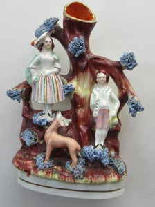 Miniature 1850s Staffords;hire Spill Vase with Two Figures and a Deer