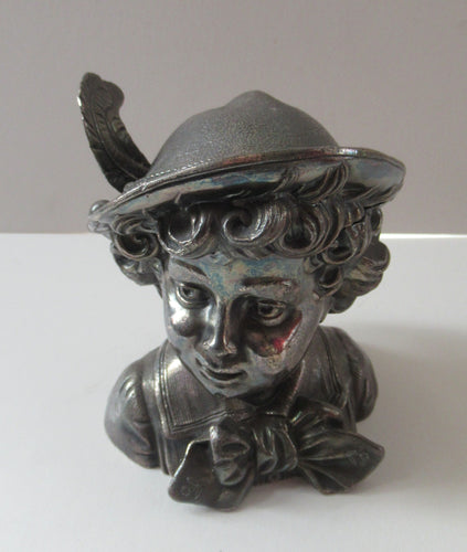 Antique Silver Plate Inkwell. Young Austrian Boy Wearing a Hat with Large Feather  