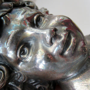 Antique Silver Plate Inkwell. Young Austrian Boy Wearing a Hat with Large Feather  