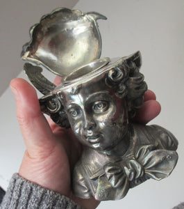 Antique Silver Plate Inkwell. Young Austrian Boy Wearing a Hat with Large Feather  