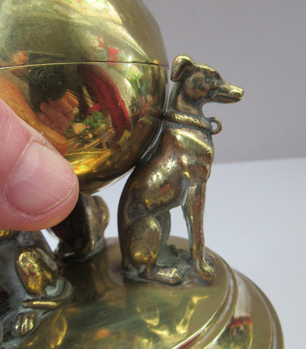 Antique Victorian Brass Inkwell. Three Greyhounds Supporting a Globe Shape Ball