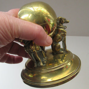 Antique Victorian Brass Inkwell. Three Greyhounds Supporting a Globe Shape Ball