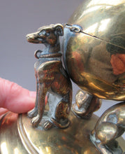 Load image into Gallery viewer, Antique Victorian Brass Inkwell. Three Greyhounds Supporting a Globe Shape Ball
