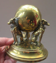 Load image into Gallery viewer, Antique Victorian Brass Inkwell. Three Greyhounds Supporting a Globe Shape Ball
