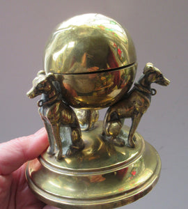 Antique Victorian Brass Inkwell. Three Greyhounds Supporting a Globe Shape Ball