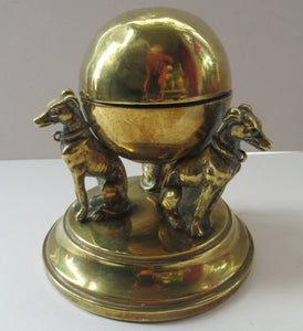 Antique Victorian Brass Inkwell. Three Greyhounds Supporting a Globe Shape Ball