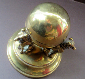 Antique Victorian Brass Inkwell. Three Greyhounds Supporting a Globe Shape Ball