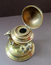 Load image into Gallery viewer, Antique Victorian Brass Inkwell. Three Greyhounds Supporting a Globe Shape Ball
