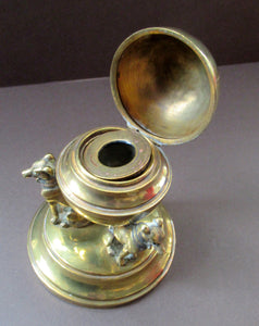 Antique Victorian Brass Inkwell. Three Greyhounds Supporting a Globe Shape Ball