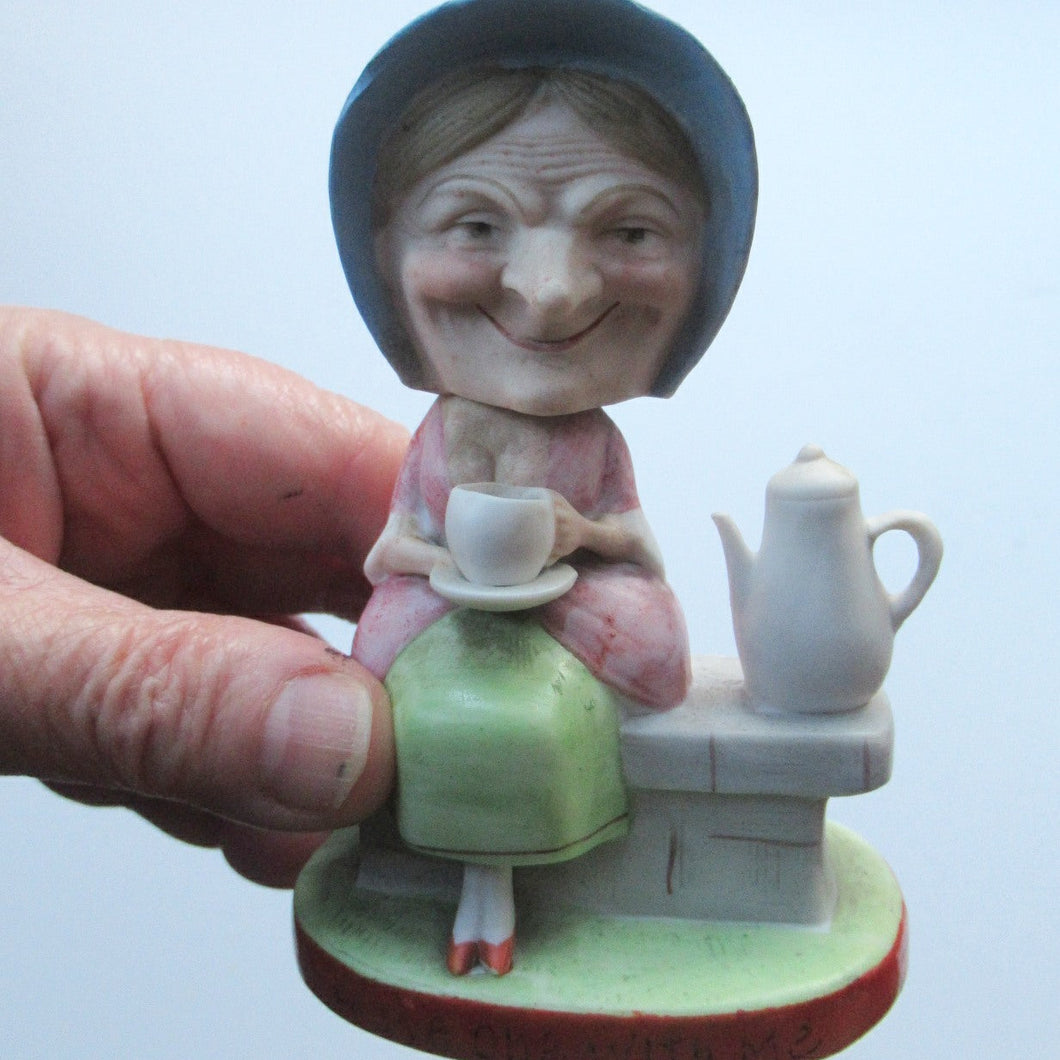 Antique Porcelain Nodder Figurine by Schafer & Vater. Old Lady in Garden Drinking Tea 