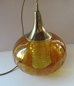 Vintage SWEDISH 1960s Onion Shape Hanging Golden Amber Glass Light Shade with Central Section and Metal Caps