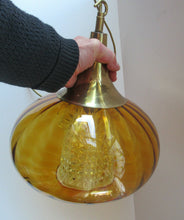 Load image into Gallery viewer, Vintage SWEDISH 1960s Onion Shape Hanging Golden Amber Glass Light Shade with Central Section and Metal Caps
