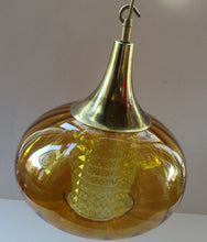Load image into Gallery viewer, Vintage SWEDISH 1960s Onion Shape Hanging Golden Amber Glass Light Shade with Central Section and Metal Caps
