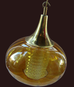 Vintage SWEDISH 1960s Onion Shape Hanging Golden Amber Glass Light Shade with Central Section and Metal Caps