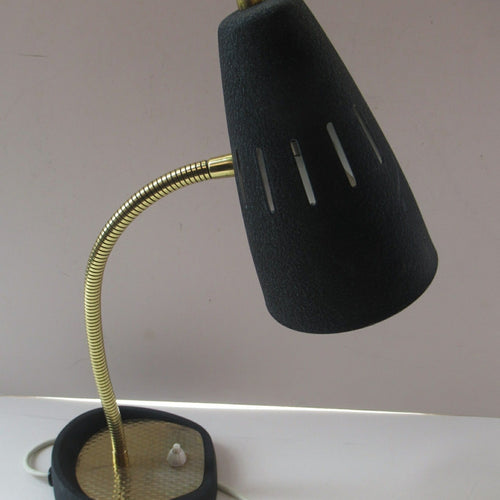 SPACE AGE Desk Lamp. Vintage 1960s with Flexible Gooseneck arm & Matt Black Metal Shade. On-off button on the base