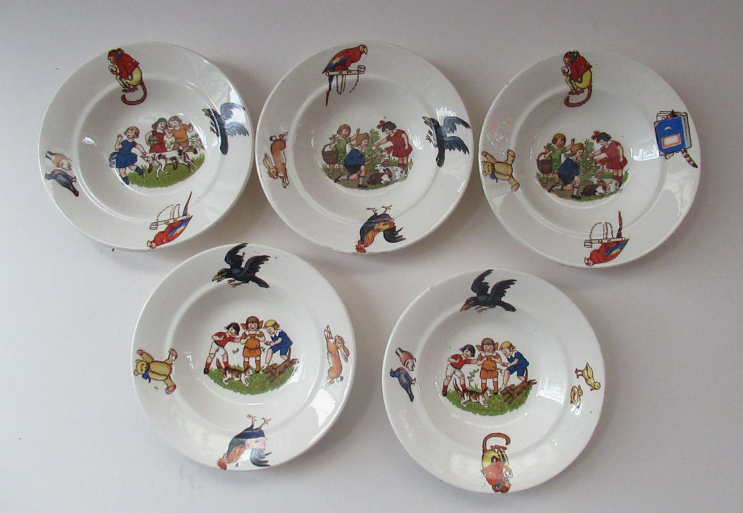 Antique German Nursery Miniature Bowls. Children in a Farmyard