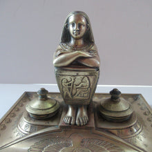 Load image into Gallery viewer, Antique Art Deco Egyptian Revival Brass Inkwell with Seated Figure and Ink Pots

