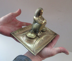 Antique Art Deco Egyptian Revival Brass Inkwell with Seated Figure and Ink Pots