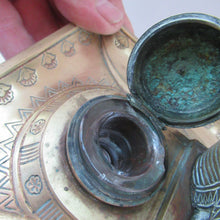 Load image into Gallery viewer, Antique Art Deco Egyptian Revival Brass Inkwell with Seated Figure and Ink Pots
