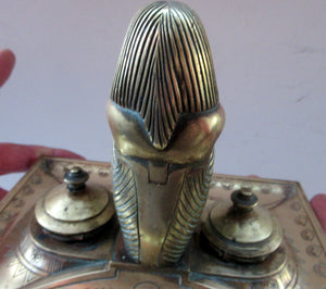 Antique Art Deco Egyptian Revival Brass Inkwell with Seated Figure and Ink Pots