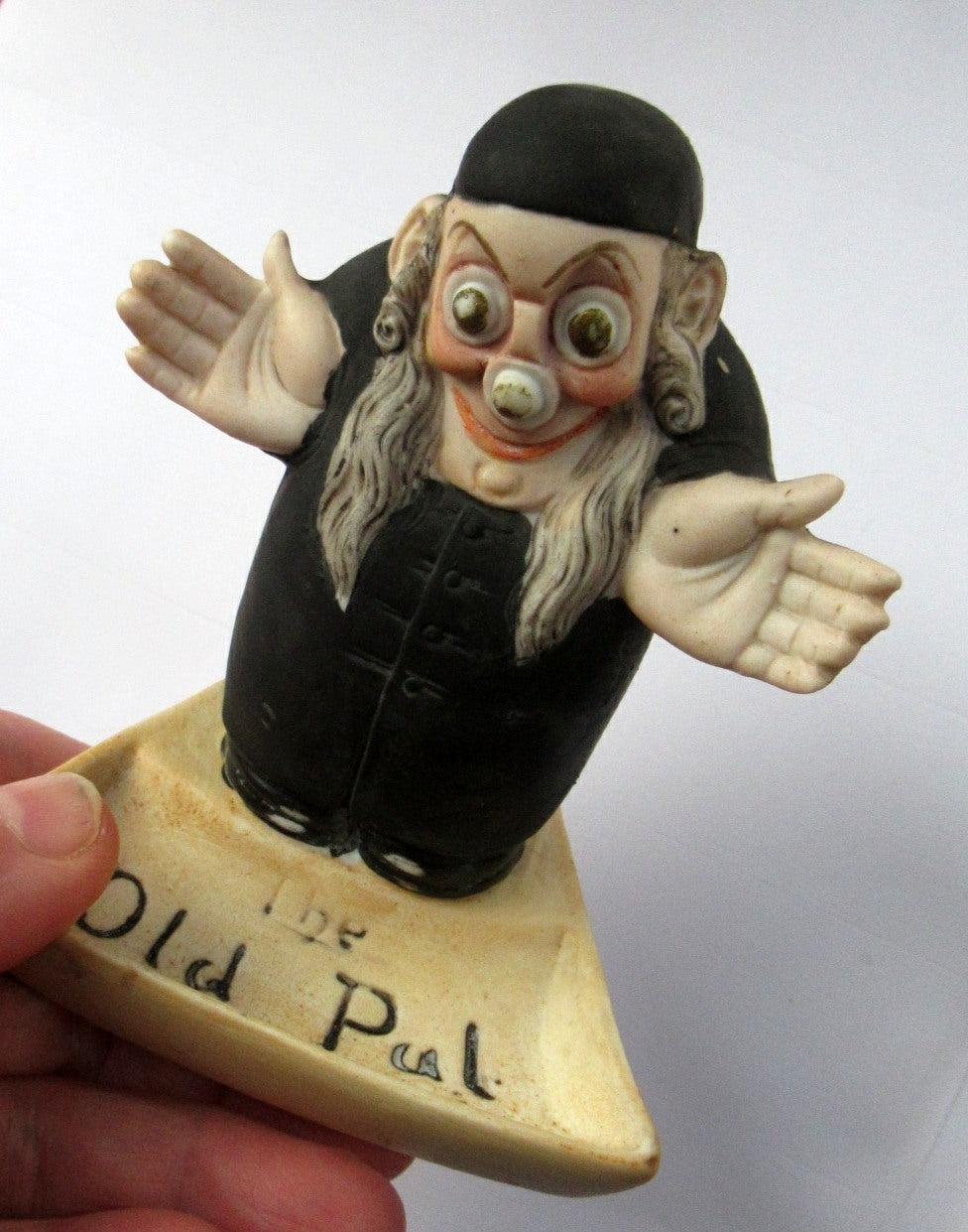 Antique Miniature Bisque Porcelain Figure by Schafer & Vater.  Set Onto a Quirky Ashtray Entitled 