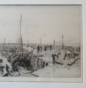 ORIGINAL ETCHING: William Lionel Wyllie (1851 – 1931) Herring Fishers at Fisherrow, Musselburgh Harbour. Pencil Signed; 1920s
