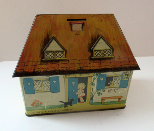 Rare 1930s MABEL LUCIE ATTWELL Kiddibics: Bicky House Biscuit Tin or Bank. Made for William Crawford