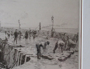 ORIGINAL ETCHING: William Lionel Wyllie (1851 – 1931) Herring Fishers at Fisherrow, Musselburgh Harbour. Pencil Signed; 1920s