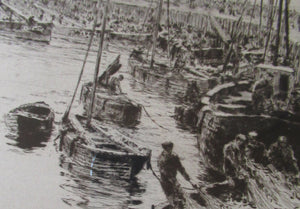 ORIGINAL ETCHING: William Lionel Wyllie (1851 – 1931) Herring Fishers at Fisherrow, Musselburgh Harbour. Pencil Signed; 1920s