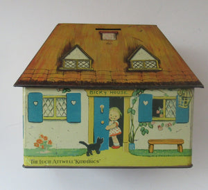 Rare 1930s MABEL LUCIE ATTWELL Kiddibics: Bicky House Biscuit Tin or Bank. Made for William Crawford